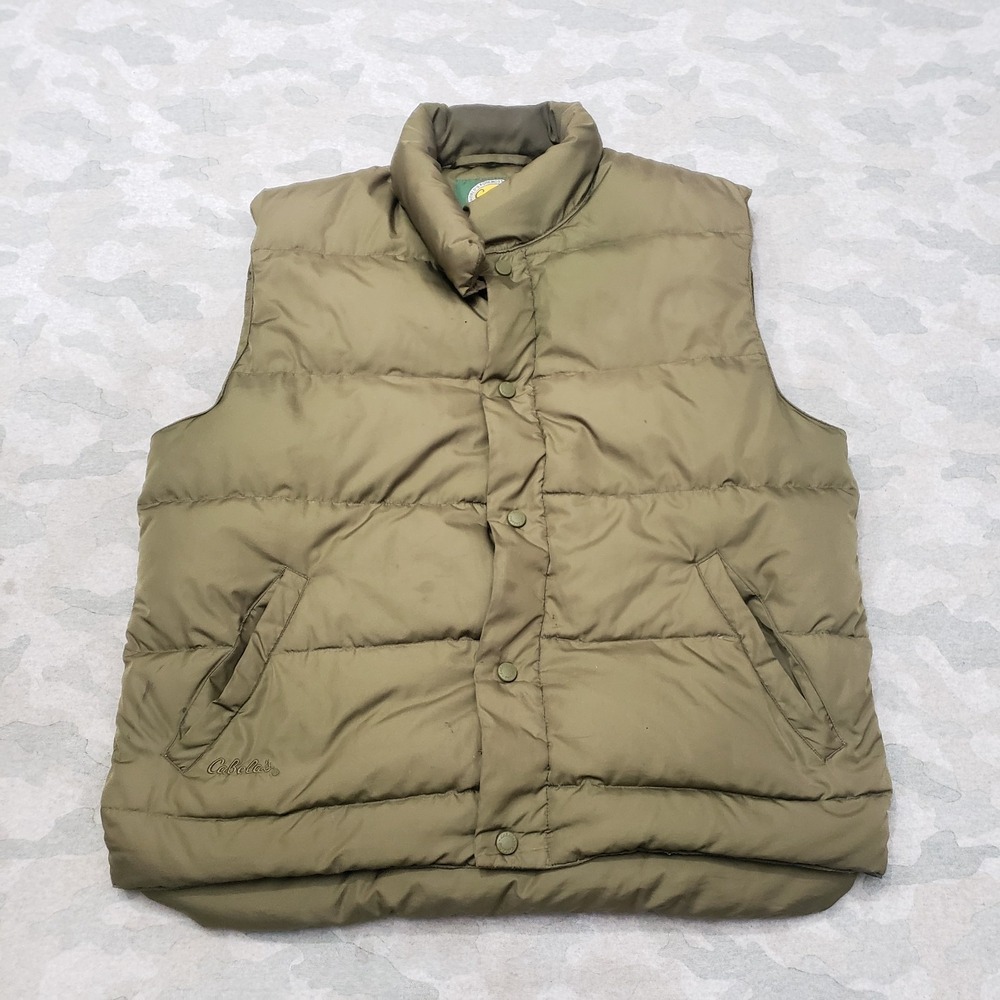 Cabela's Puffer Vest Mens Medium Green Goose Down Pockets Button